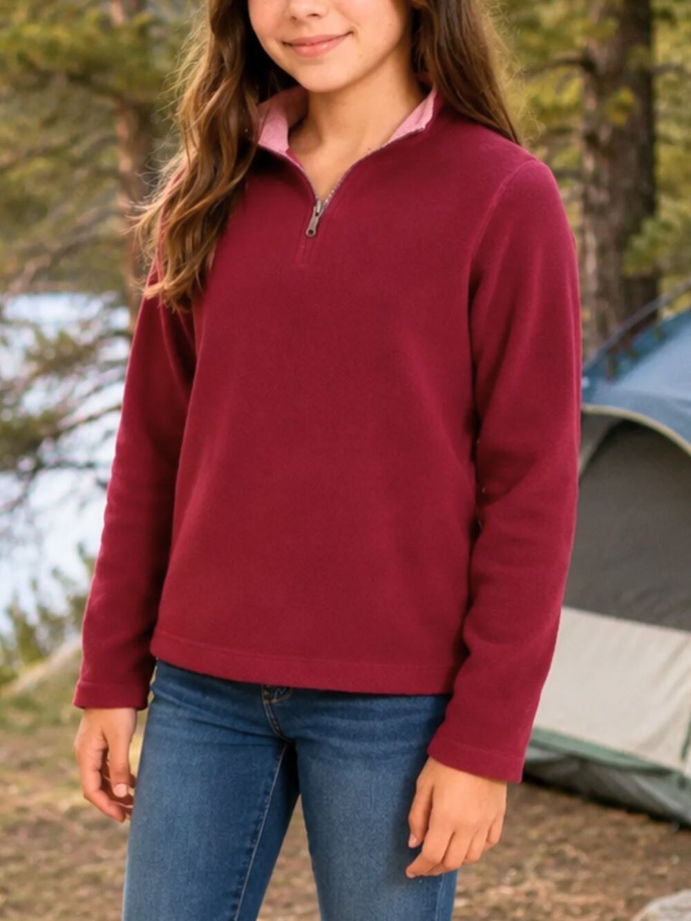 LL BEAN Girls Quarter Zip Fleece Pullover M 10/12 | Cozy Outdoor Layer